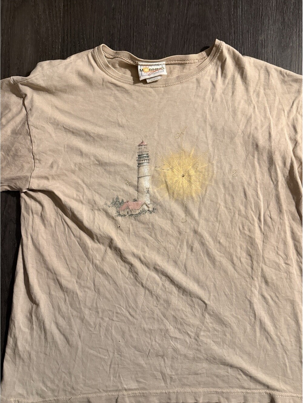 Vintage Morning Sun Lighthouse Tee Beige Size L Distressed Pinhole